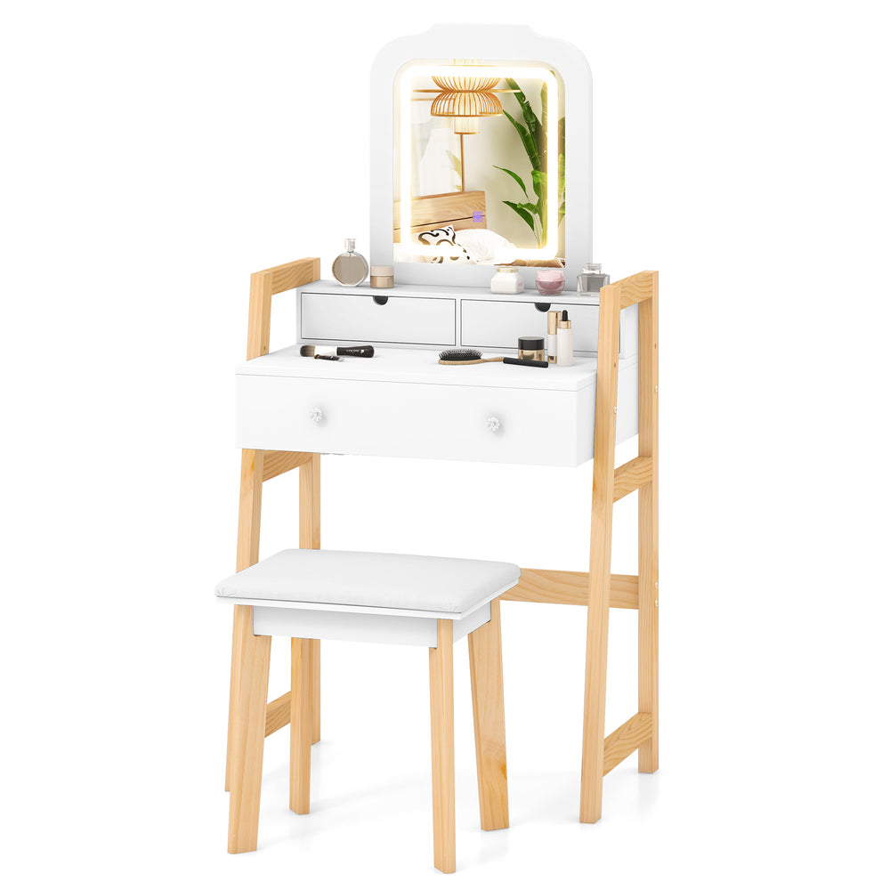 Adjustable height vanity desk set in white with LED mirror, drawers, and padded stool for versatile makeup needs.