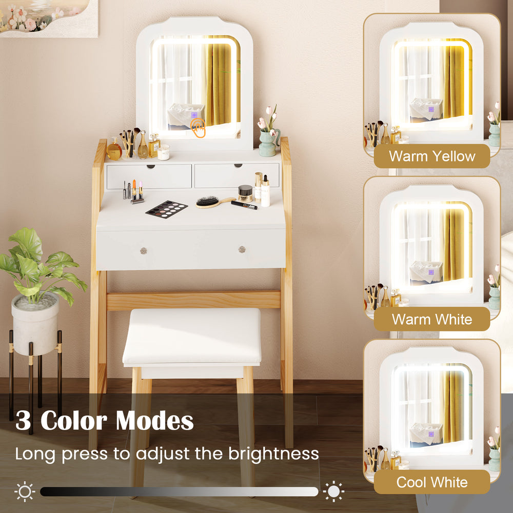 Adjustable height vanity desk set with 3-color LED mirror, solid pine wood, and 3 drawers for versatile makeup needs.