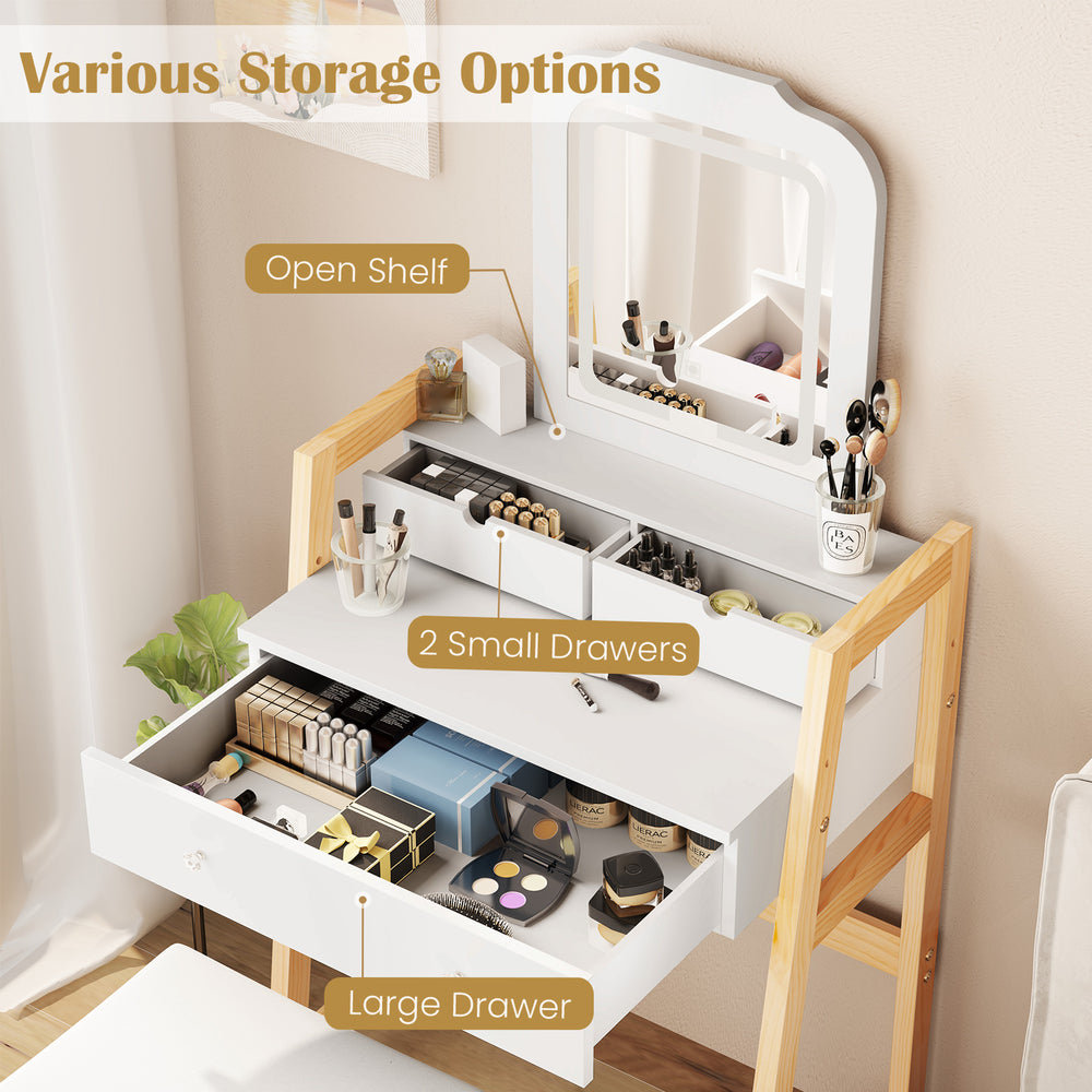 Adjustable height vanity desk set in white with LED mirror, open shelf, and three drawers for organized makeup storage.
