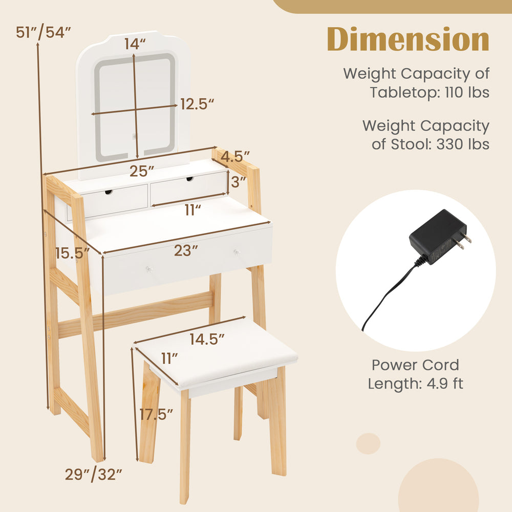 Adjustable height vanity desk set in white with LED lighted mirror, three drawers, and a padded stool for makeup needs.