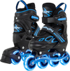 Adjustable kids' inline skates in blue with illuminating wheels, designed for ages 5-14, featuring safety straps and.