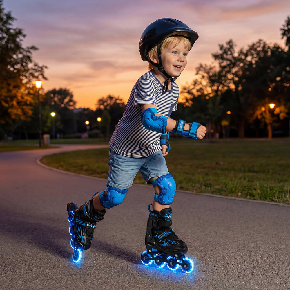 Adjustable kids' incline skates in blue with illuminating wheels, perfect for ages 5-14, enhancing visibility during.