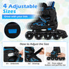 Adjustable kids' inline skates in blue with 4 sizes, illuminating wheels, and triple safety features for ages 5-14.