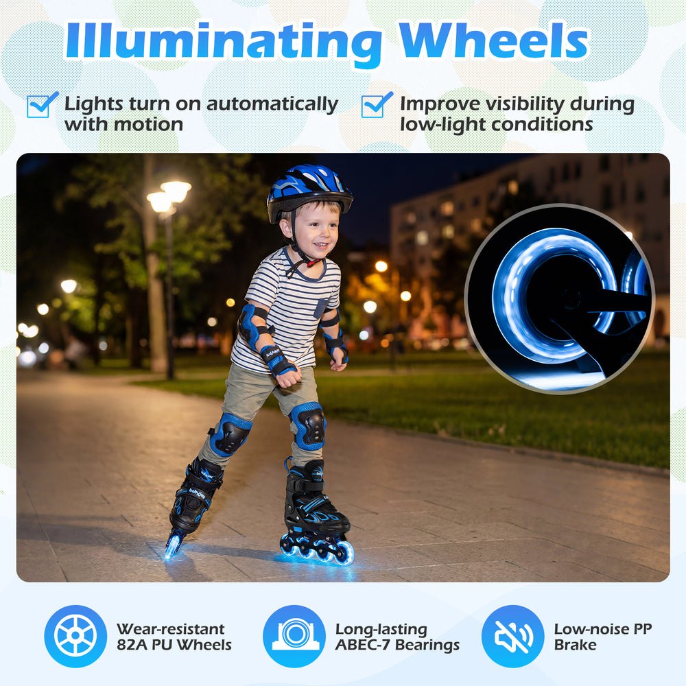 Adjustable blue kids' incline skates with illuminating wheels, 82A PU wheels, and ABEC-7 bearings for safe skating.