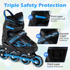 Adjustable kids' inline skates in blue with triple safety features, perfect for ages 5-14, ideal for stable skating.