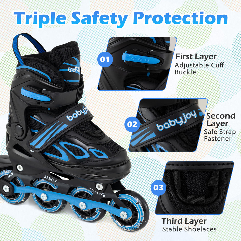 Adjustable kids' inline skates in blue with triple safety features, perfect for ages 5-14, ideal for stable skating.