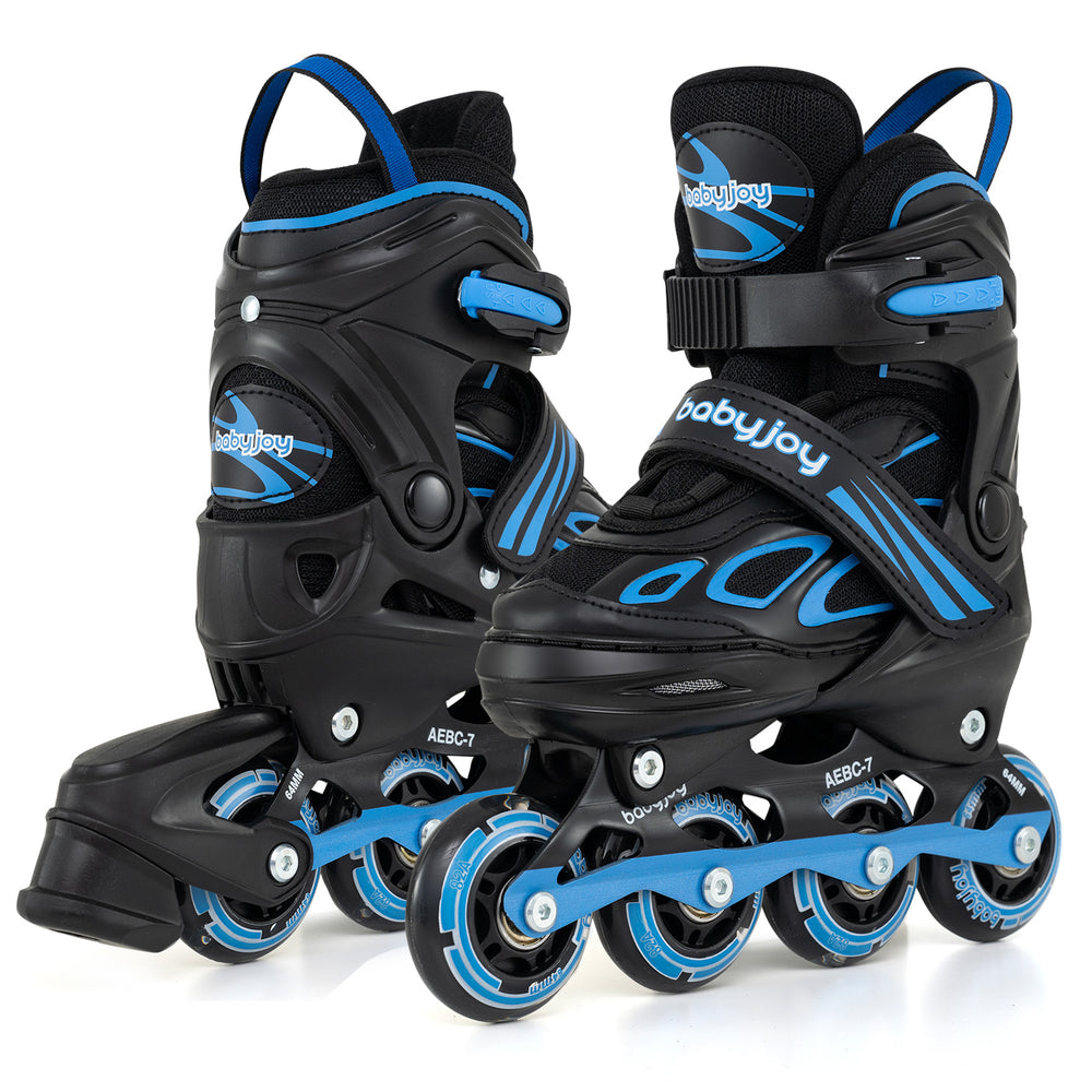 Side view of adjustable kids' incline skates in blue, featuring durable 82A PU wheels and secure calf buckle for safety.