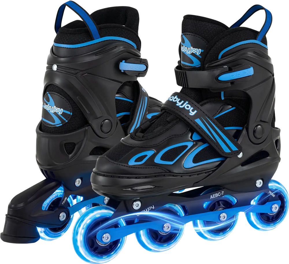 Adjustable kids' inline skates in blue with illuminating wheels, featuring a secure buckle and comfortable design for.