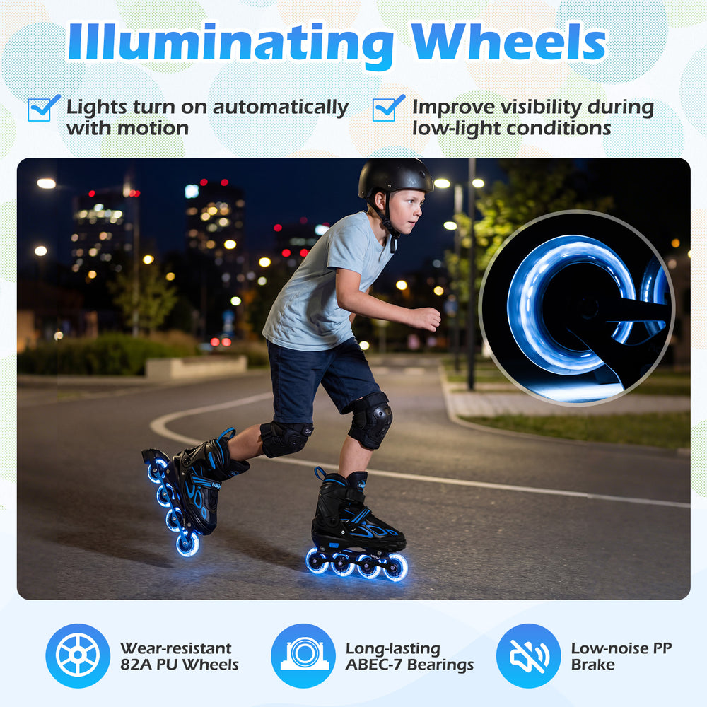 Adjustable kids' inline skates with illuminating wheels, 82A PU wheels, and ABEC-7 bearings for safe, smooth skating.