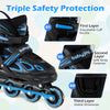 Adjustable kids' inline skates in blue with safety features, illuminating wheels, and 4 adjustable sizes for growing.