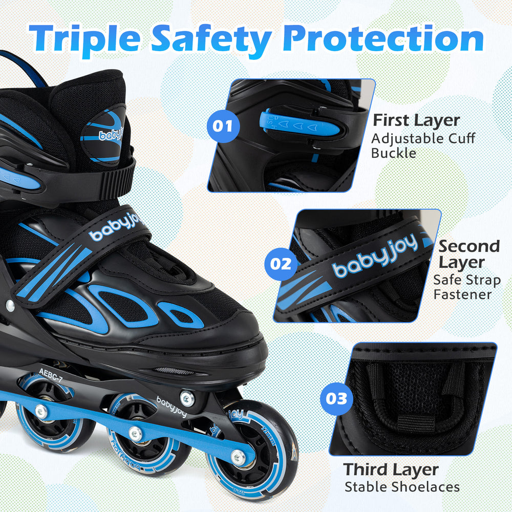 Adjustable kids' inline skates in blue with safety features, illuminating wheels, and 4 adjustable sizes for growing.