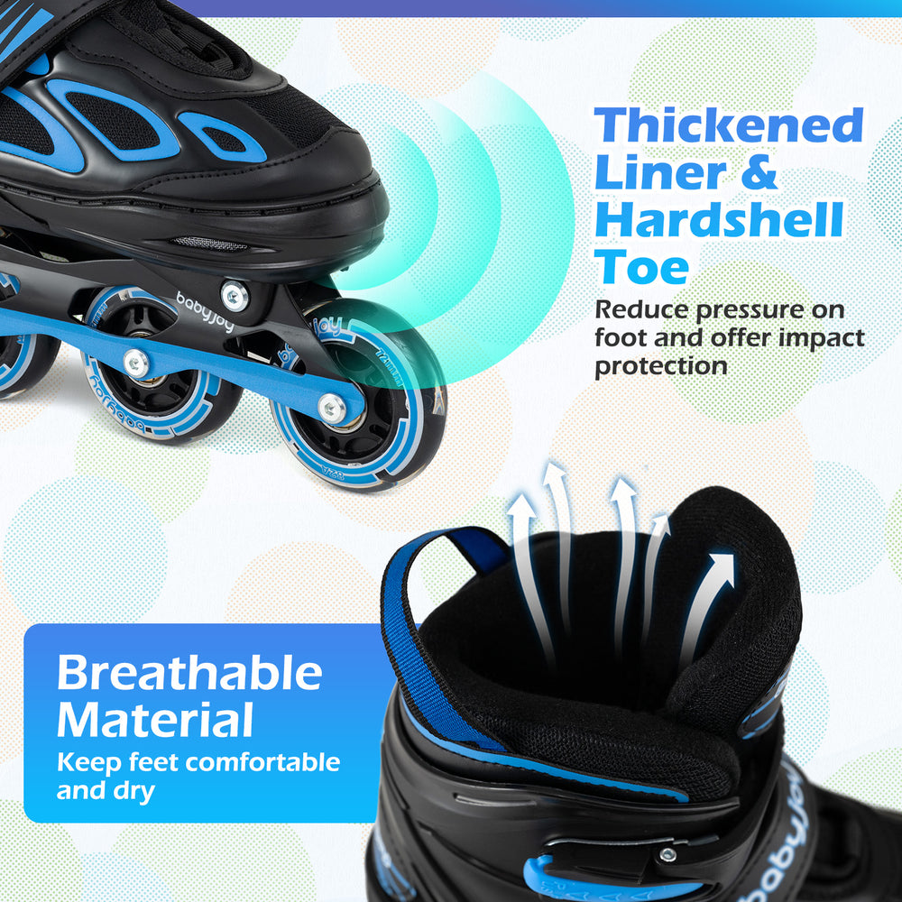 Close-up of the adjustable kids' inline skates showcasing the thickened liner and hardshell toe for impact protection.