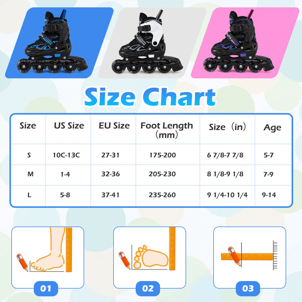 Adjustable kids' incline skates in blue with illuminating wheels, suitable for ages 5-14, featuring a size chart.