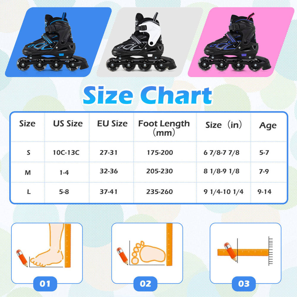 Adjustable kids' inline skates in blue with illuminating wheels, featuring a size chart for optimal fit and safety.