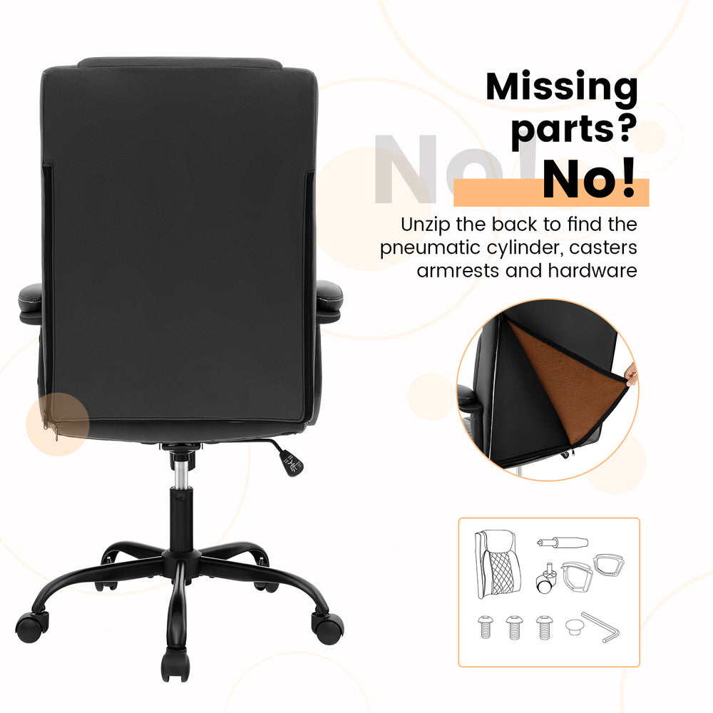 High back ergonomic executive chair in black with thick headrest cushion and adjustable height for comfort and support.