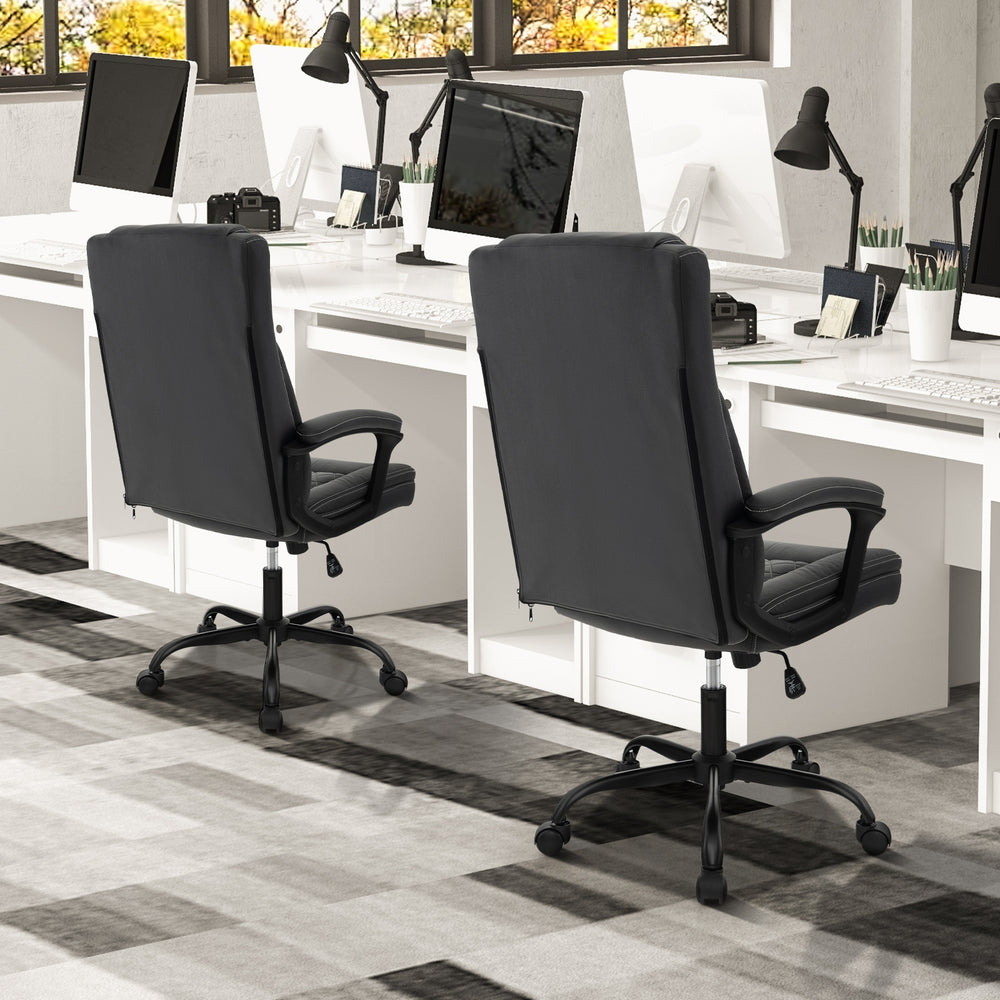 High back ergonomic executive chair in black with thick headrest cushion, adjustable height, and padded armrests for.