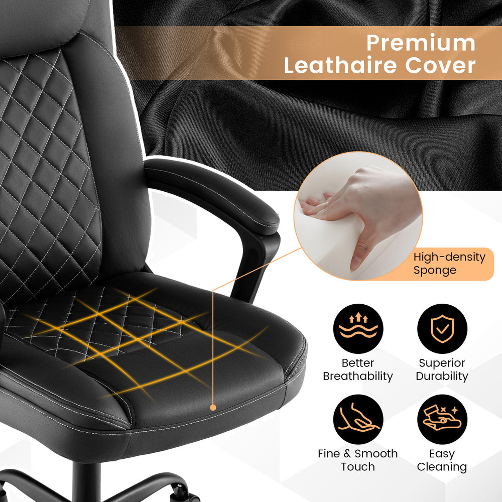 High back ergonomic executive chair with thick headrest cushion, black leathaire cover, and high-density sponge for.