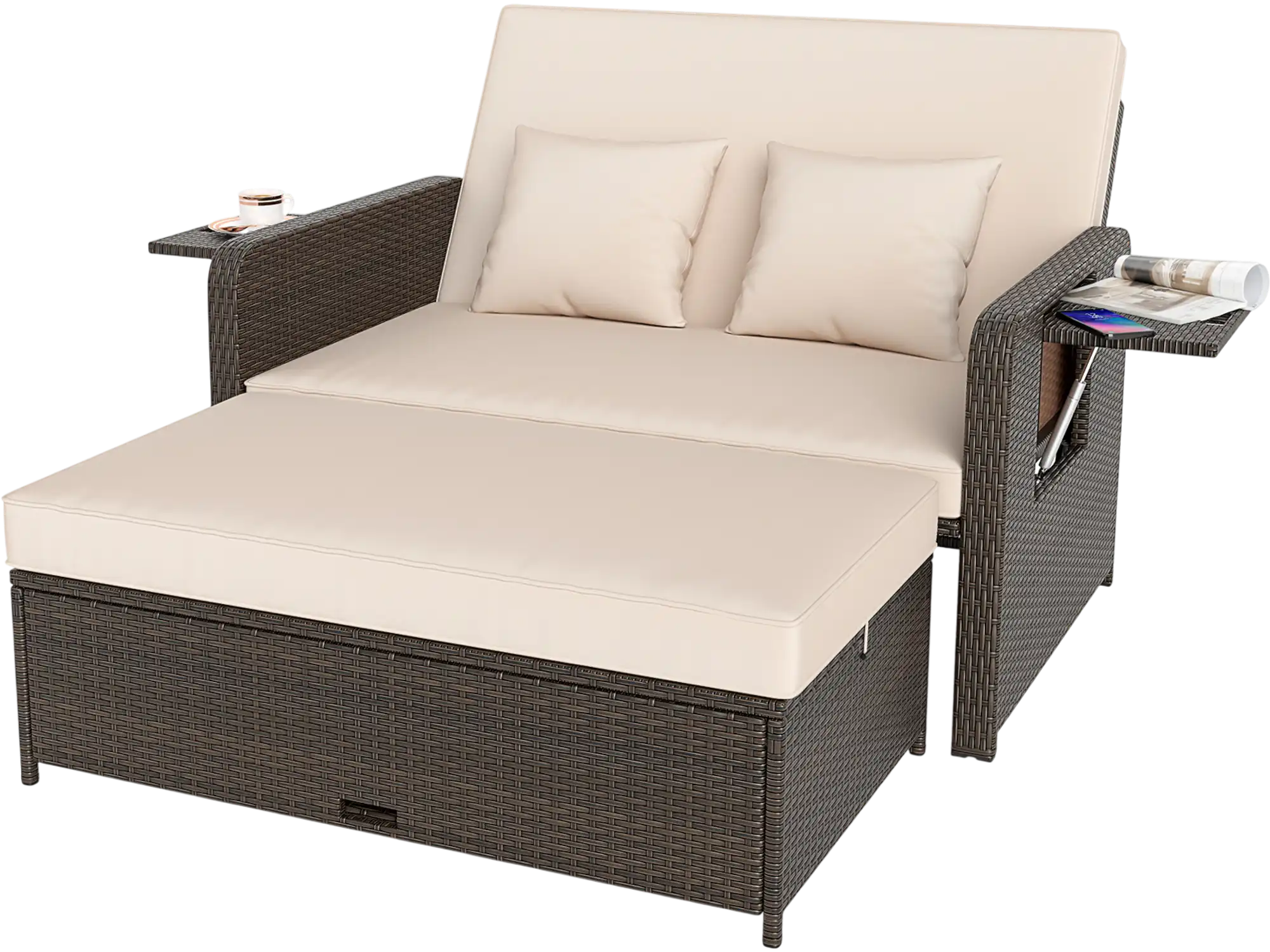 Costway Adjustable Outdoor Patio Daybed Set w/ Cushions Storage Ottoman 53762189 New