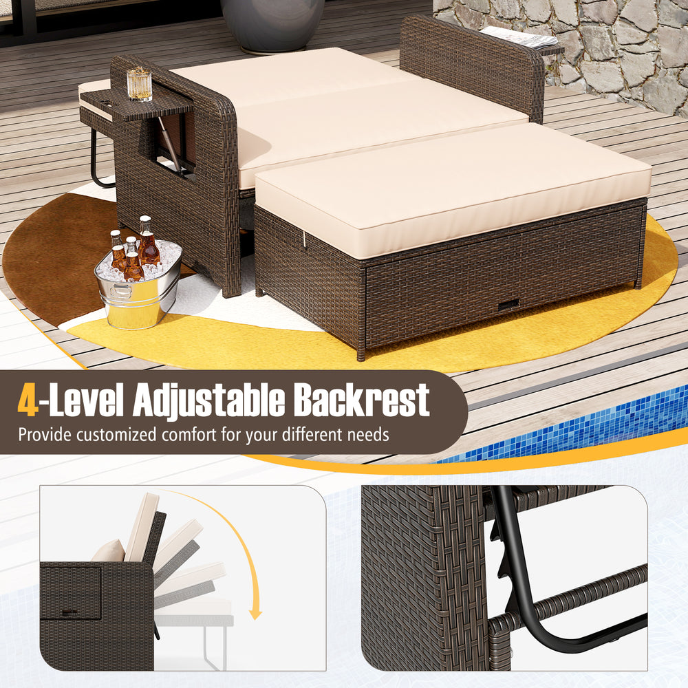 Adjustable outdoor patio daybed set with cushions, featuring a 4-level backrest and storage ottoman for versatile use.