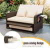 Loveseat with adjustable backrest and storage ottoman, featuring soft cushions for outdoor comfort and space-saving.
