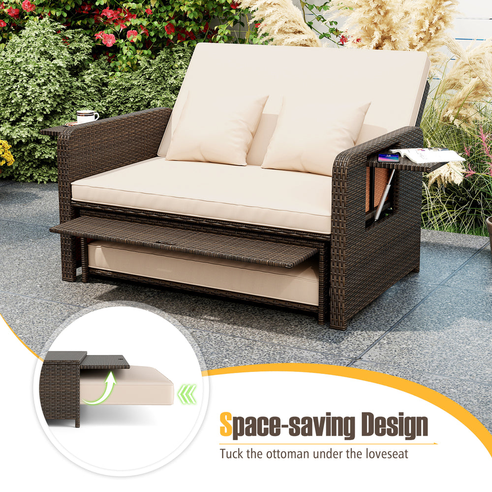 Loveseat with adjustable backrest and storage ottoman, featuring soft cushions for outdoor comfort and space-saving.