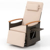 Adjustable outdoor recliner chair with 360° swiveling base and foldable side table, ideal for porch relaxation.