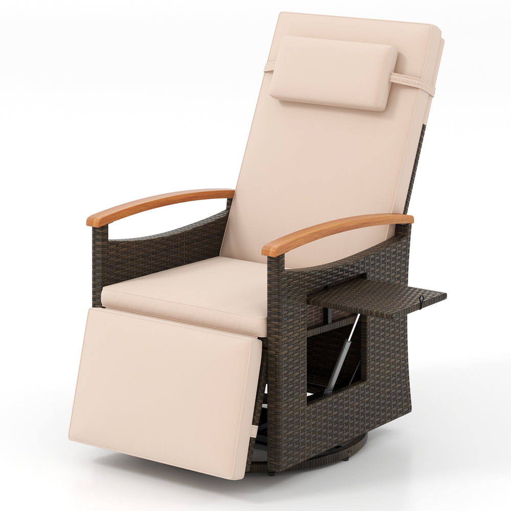 Adjustable outdoor recliner chair with 360° swiveling base and foldable side table, ideal for porch relaxation.