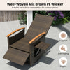 Adjustable outdoor recliner chair in mix brown PE wicker with curved acacia wood armrests, perfect for backyard.