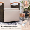 Adjustable outdoor recliner chair with 150° backrest, soft cushion, and acacia wood armrests for backyard relaxation.