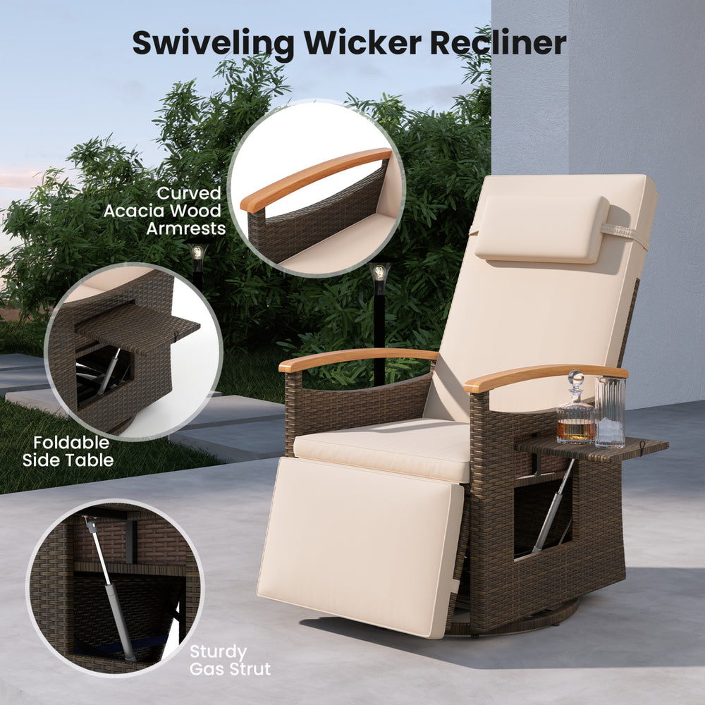 Adjustable outdoor recliner chair with 150° backrest, PE wicker, and curved acacia wood armrests for backyard.