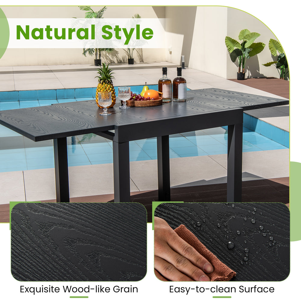 Adjustable 31.5"-63" gray patio dining table with natural wood-like grain, perfect for 4-6 people, easy-to-clean.