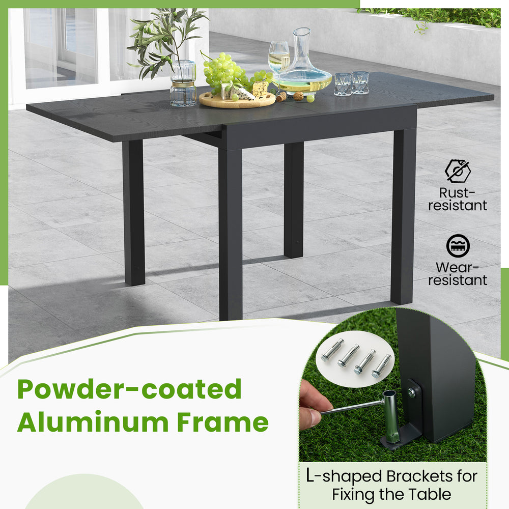 Adjustable 31.5"-63" gray patio dining table with powder-coated aluminum frame, perfect for outdoor gatherings.
