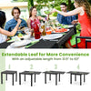 Adjustable gray patio dining table with extendable leaf, accommodating 4-6 people, perfect for outdoor gatherings.