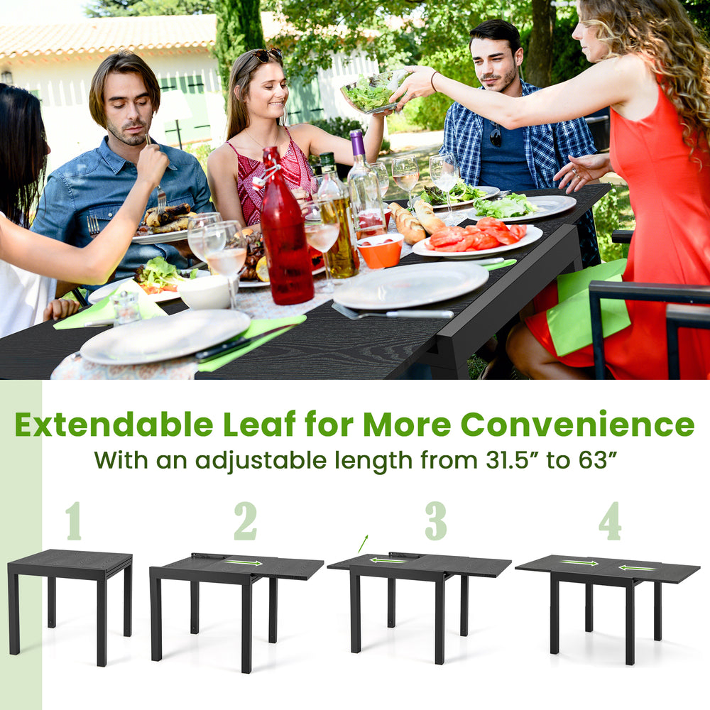 Adjustable gray patio dining table with extendable leaf, accommodating 4-6 people, perfect for outdoor gatherings.