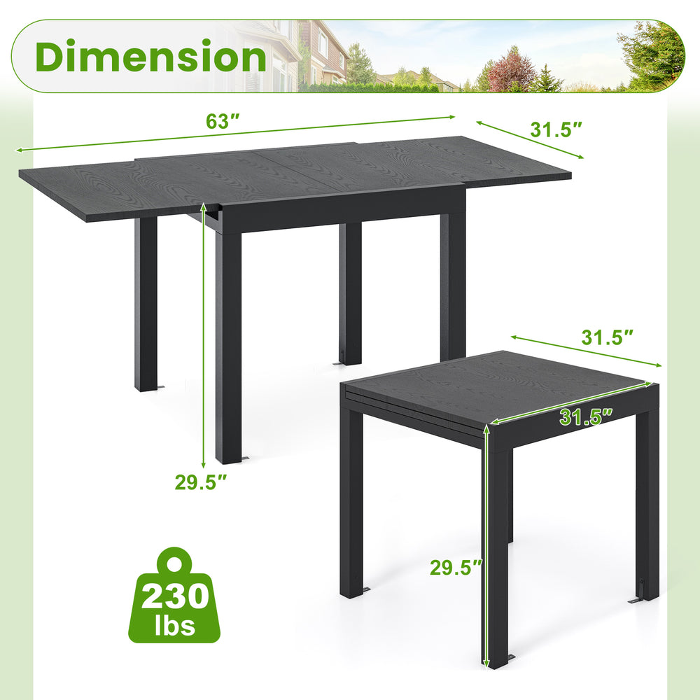 Adjustable 31.5"-63" gray patio dining table with powder-coated aluminum frame, suitable for 4-6 people.