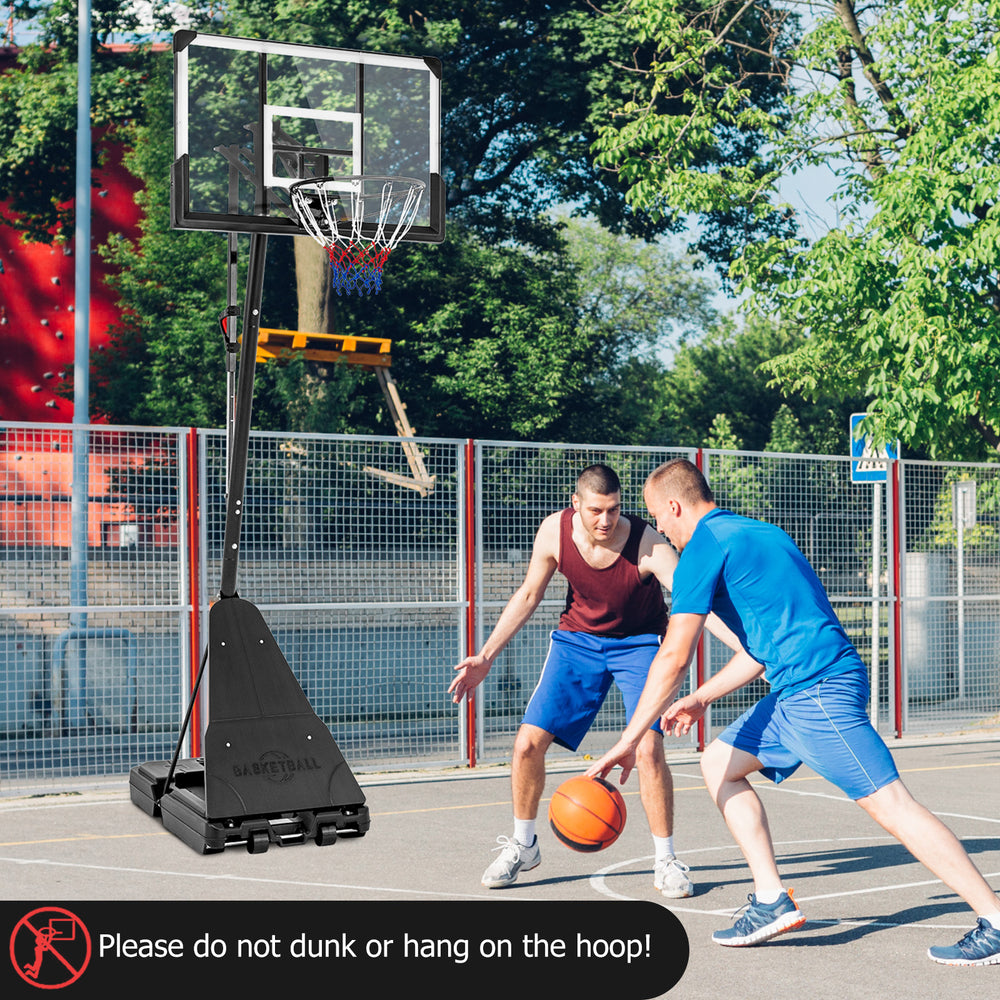 44" portable basketball hoop with adjustable height, featuring a sturdy fillable base and two wheels for easy transport.
