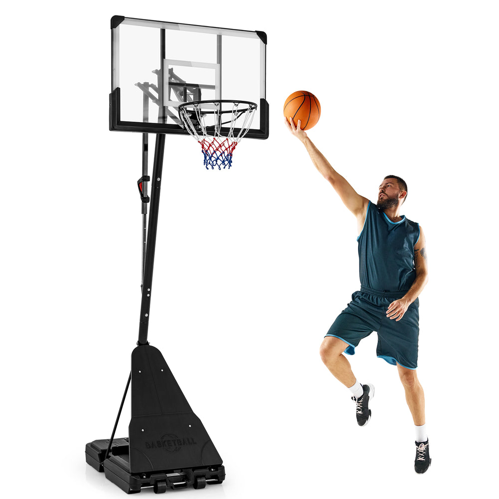 Height adjustable portable basketball hoop with 44" backboard, ideal for backyard play and skill practice.