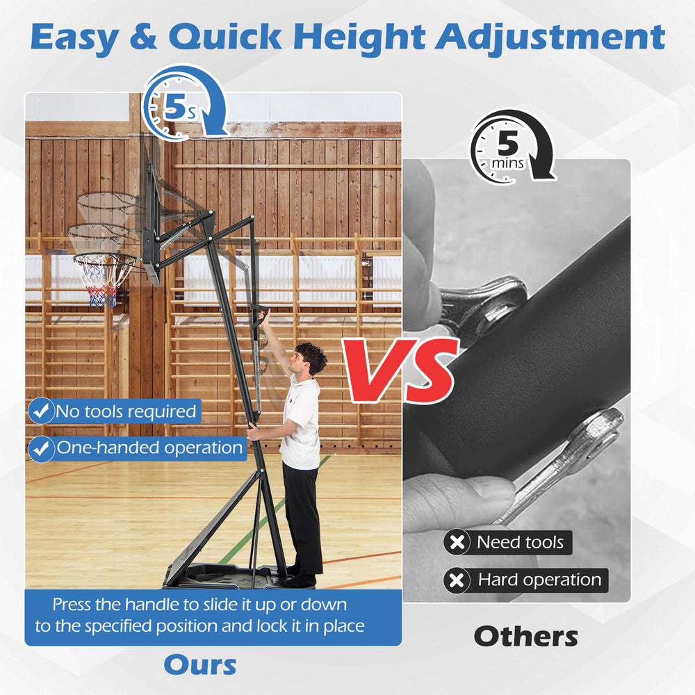 Height adjustable basketball hoop with 44" backboard, one-handed operation, ideal for backyard and gym use.