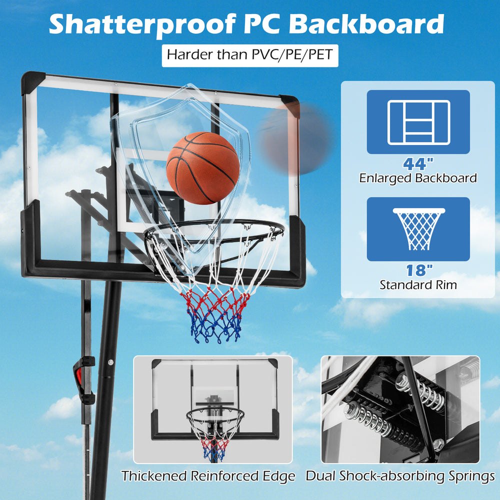 Height adjustable portable basketball hoop with 44" shatterproof PC backboard, ideal for backyard and driveway use.
