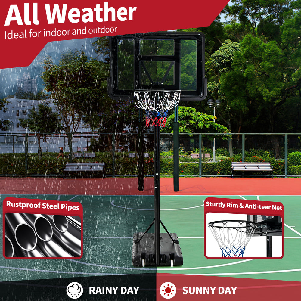 Adjustable portable basketball hoop with shatterproof backboard, rustproof steel pipes, ideal for indoor and outdoor.