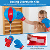 Adjustable punching bag with blue boxing gloves for kids, featuring soft padding and secure hook and loop fasteners.