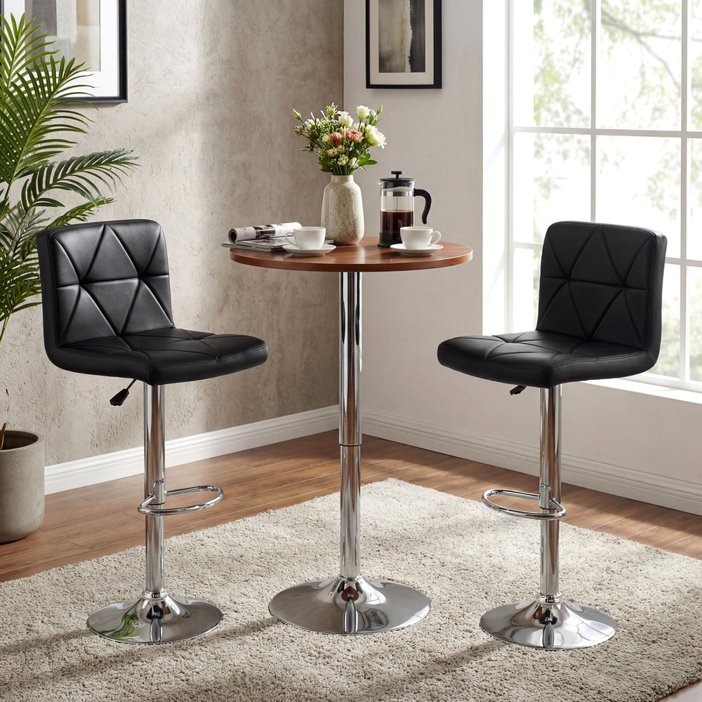 Adjustable swivel barstools set of 2 in black faux leather with diamond quilted design, perfect for kitchen islands.