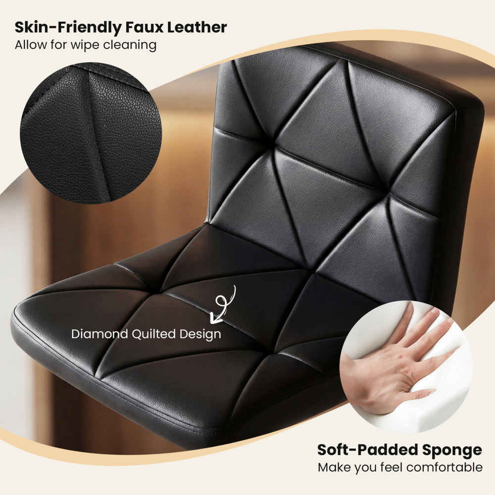 Adjustable swivel barstool with diamond quilted design, black faux leather, and soft-padded seat for kitchen or bar use.