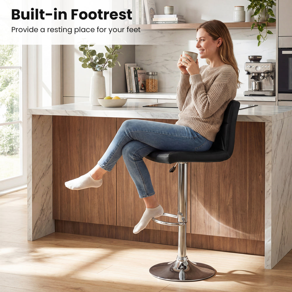 Adjustable swivel barstool with backrest and built-in footrest, featuring black faux leather and chrome base for.