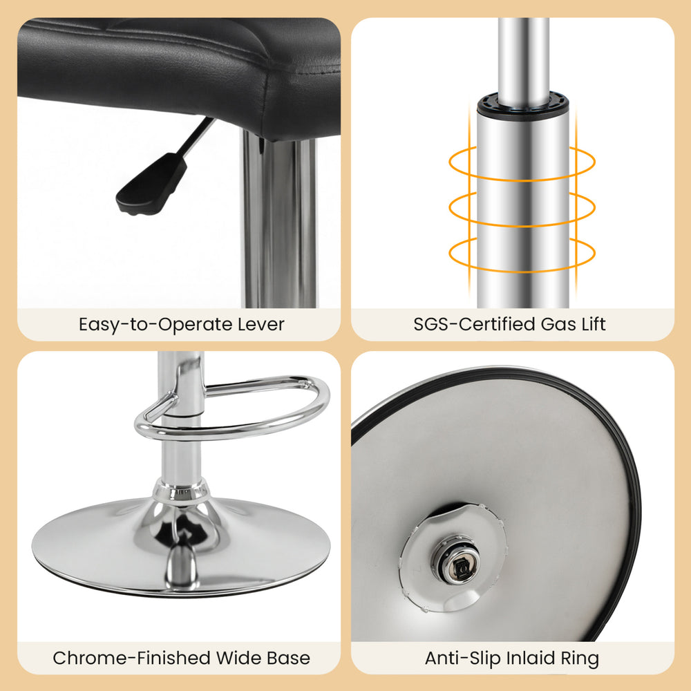 Close-up of the chrome-finished base and anti-slip inlaid ring of adjustable swivel barstools for kitchen or bar use.