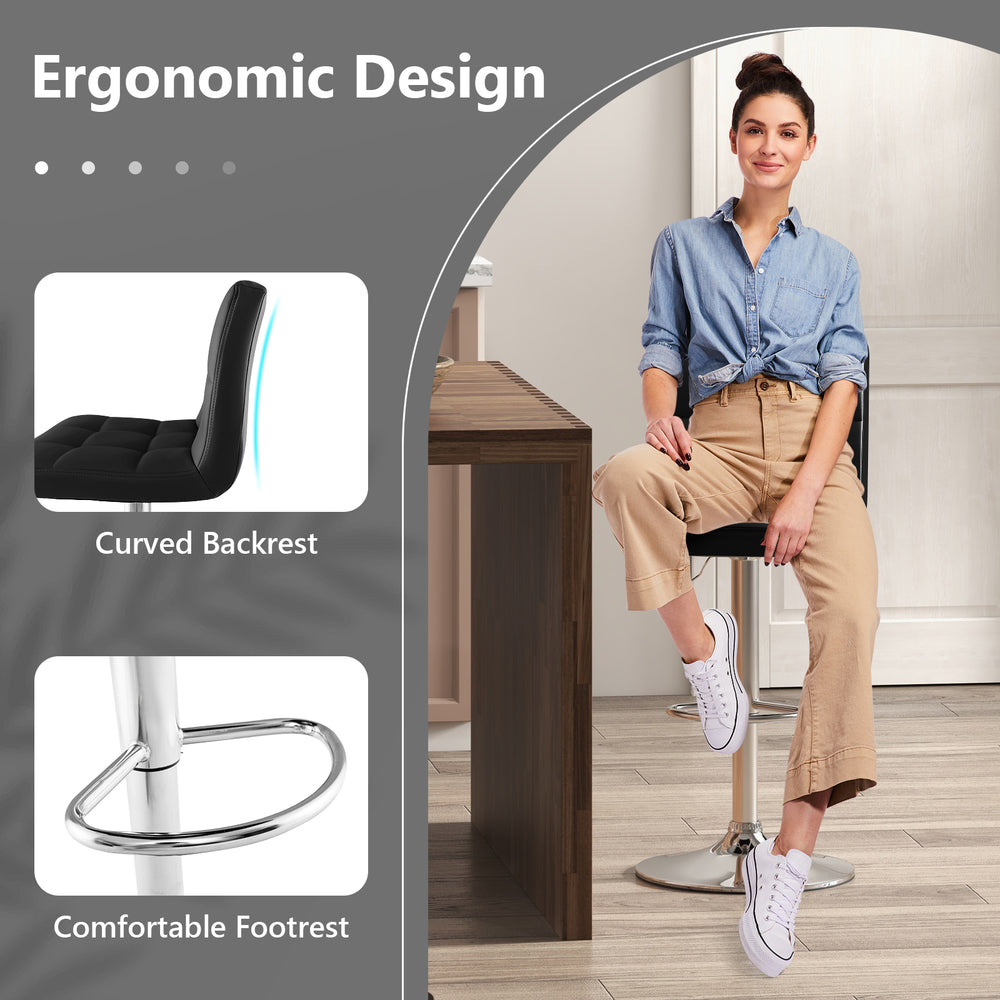 Adjustable swivel bar stool with a cushioned seat, PU leather finish, and ergonomic backrest for kitchen or dining use.