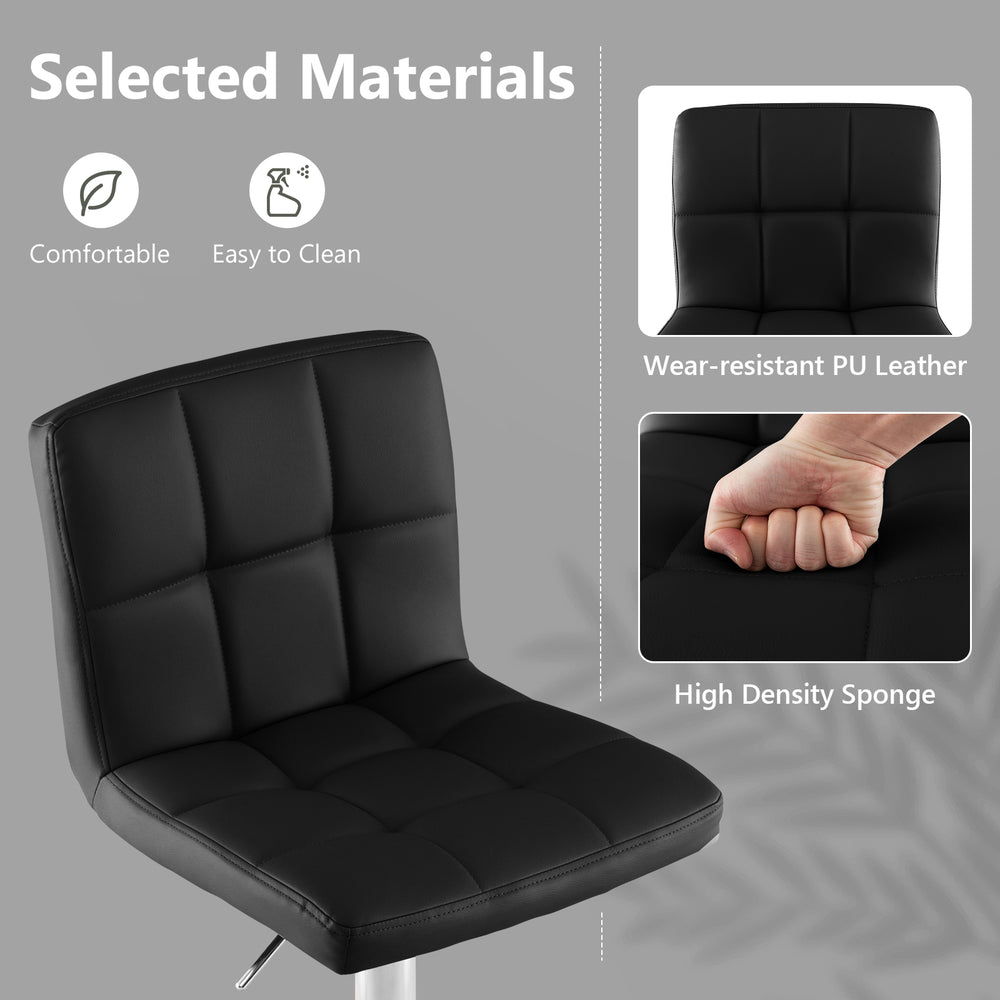 Adjustable swivel bar stool in black PU leather with cushioned seat and backrest for comfort in kitchen or pub settings.