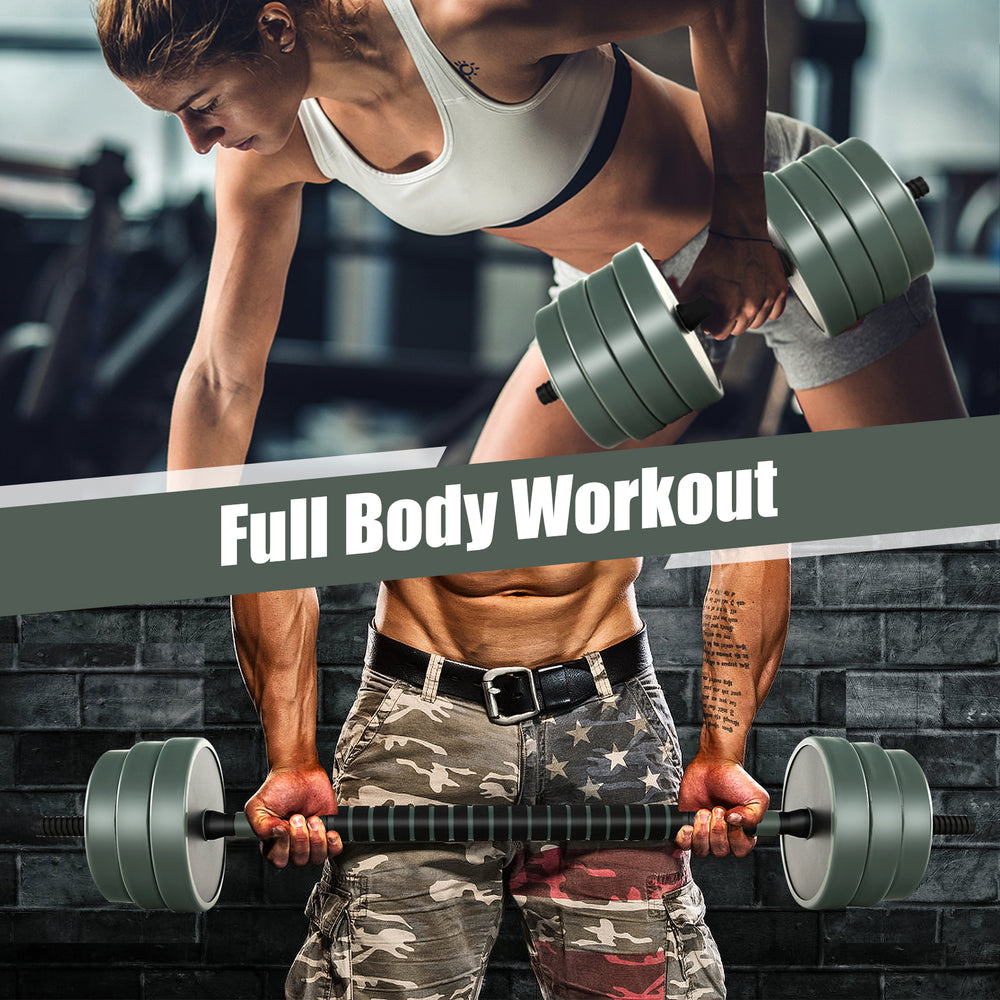 Adjustable weight dumbbell set with foam grip and 16 weight plates for a full body workout at home.