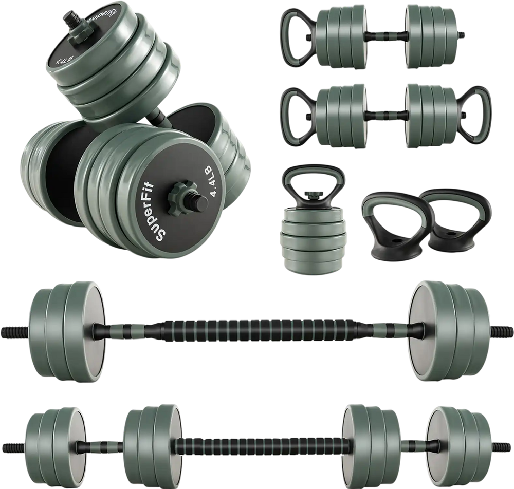 Adjustable 4 in 1 weight dumbbell set with foam grip, 16 weight plates, and kettlebell for versatile home workouts.