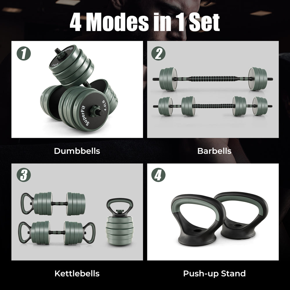 Adjustable 4 in 1 weight set featuring dumbbells, barbells, kettlebells, and push-up stands for versatile home workouts.